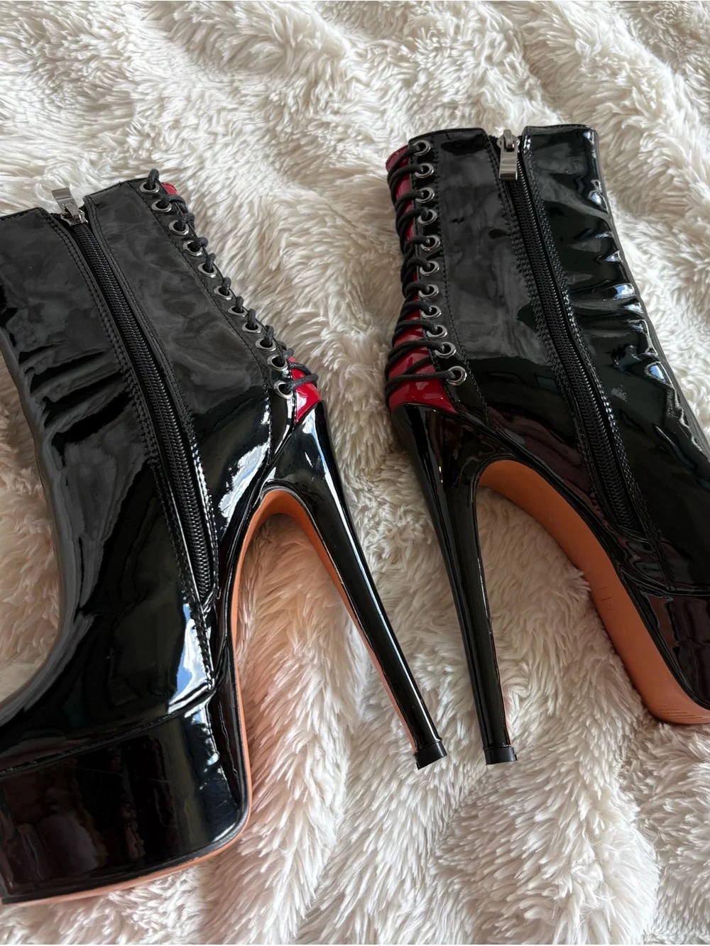 Black Patent Peep-Toe Platform Booties with Red Accent
